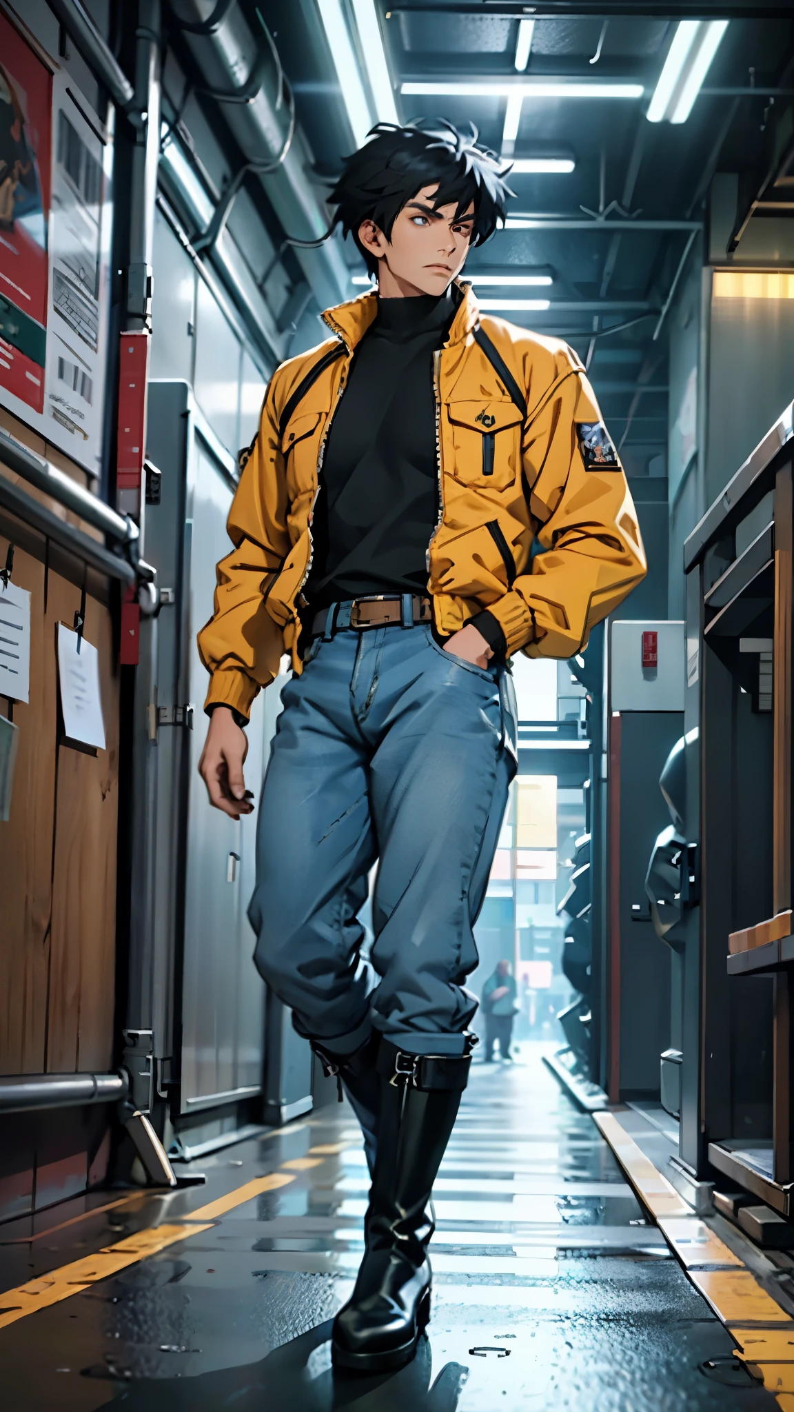 In the backdrop of an ancient fantasy-reality setting, a youth sporting a platinum crew cut displays a piercing gaze and confident demeanor. Adorned in a two-piece fusion outfit, seamlessly blending Western and Eastern influences, he wears a snug dark top paired with a vibrant yellow-blue short jacket. The lower half features loose white utility pants, and his sturdy long boots echo through the corridors of an antiquated architectural landscape. The overall aesthetic captures the essence of a refined and mature anime-inspired  rogue, symmetrical face, extremely detailed eyes and face, high quality eyes, high definition, highres, ultra-fine painting, exquisite and mature, extremely delicate, professional, anatomically correct, creativity, UHD, HDR, 32k, Natural light, cinematic lighting, best shadow, masterpiece-anatomy-perfect, best quality, masterpiece, ultra-detailed