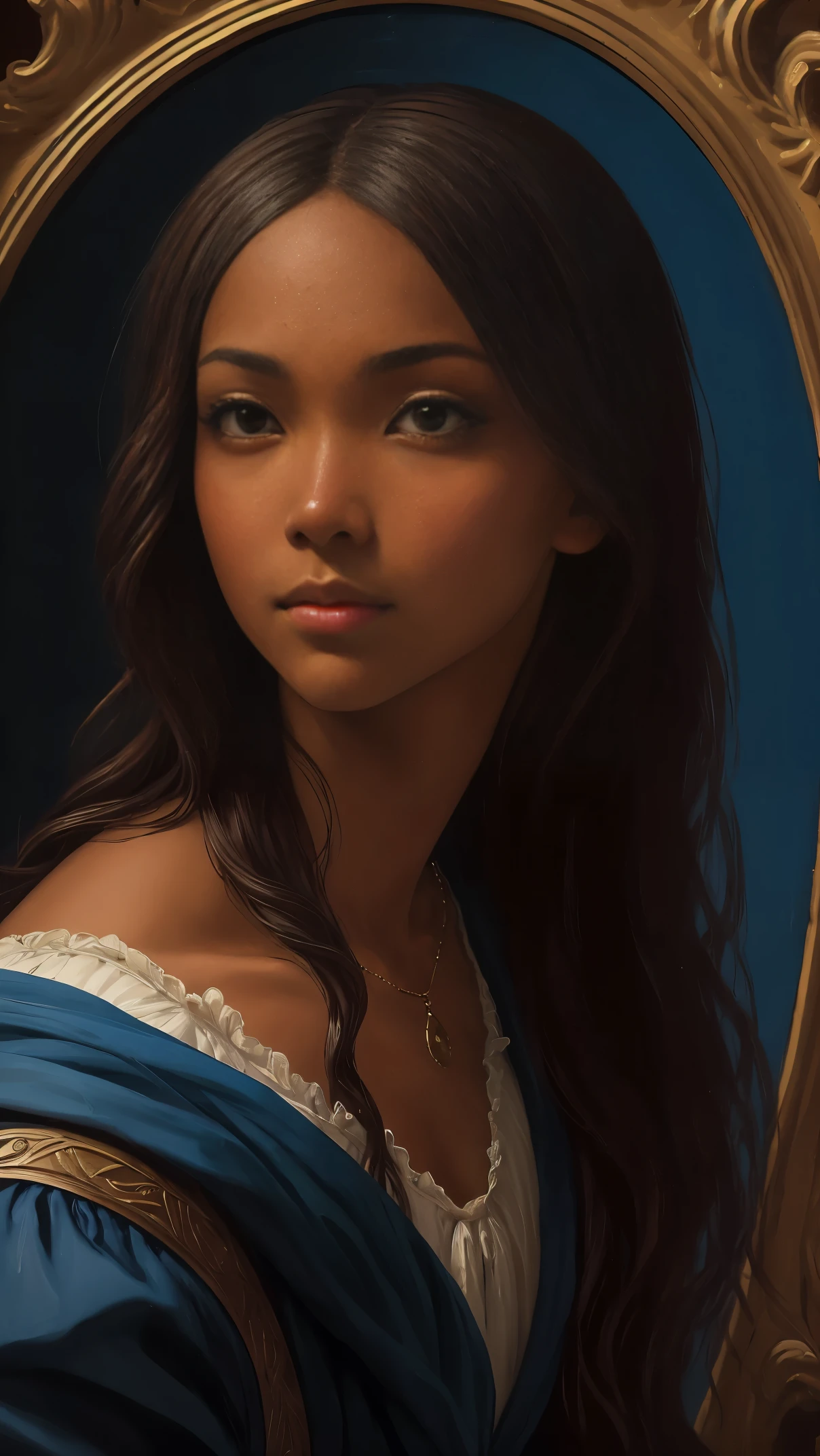 pintura al óleo de Leonardo da Vinci, retrato realista, Primer plano del rostro de Gabrielle Union con piel oscura., nariz de ébano, pelo largo, sus ojos son dulces y vibrantes, su cara simétrica, rico café piel morena, Luminosidad suavemente iluminada en el rostro de REMBRADT, posición para sentarse, Ilustración de adobe, tendencia en artstation, 8K, alta definición, cinematográfico, obra maestra, magnífico arte, mejor calidad, romanticismo Renacimiento, óleo sobre lienzo, rico fondo azul 