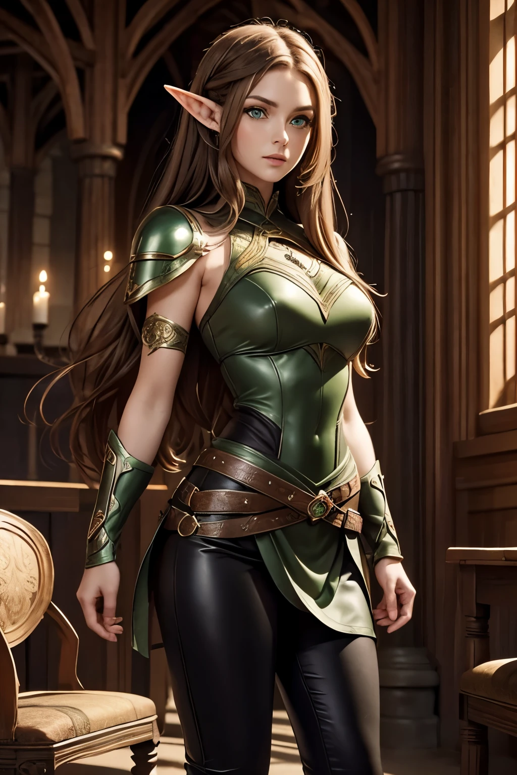 medieval setting,full view of body,1 woman,elven featured face, beautiful green eyes,brown hair, full plate armor , cute skirt dress, black leather pants