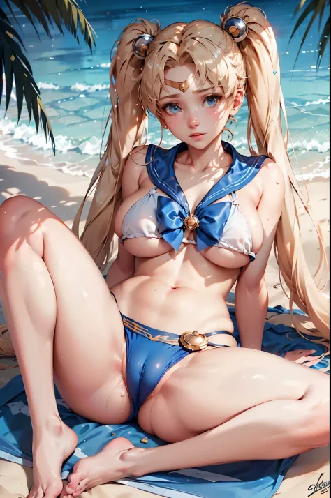 sailor moon at beach wear blue sailor bikini, blonde hair, twintail hair, large breast, show cleaveage, (forehead ornament), sit on the sand, spread her legs, hand on crotch. masterpiece, best quality:1.2),(8k,highres,RAW photo,realistic,photo-realistic:1....