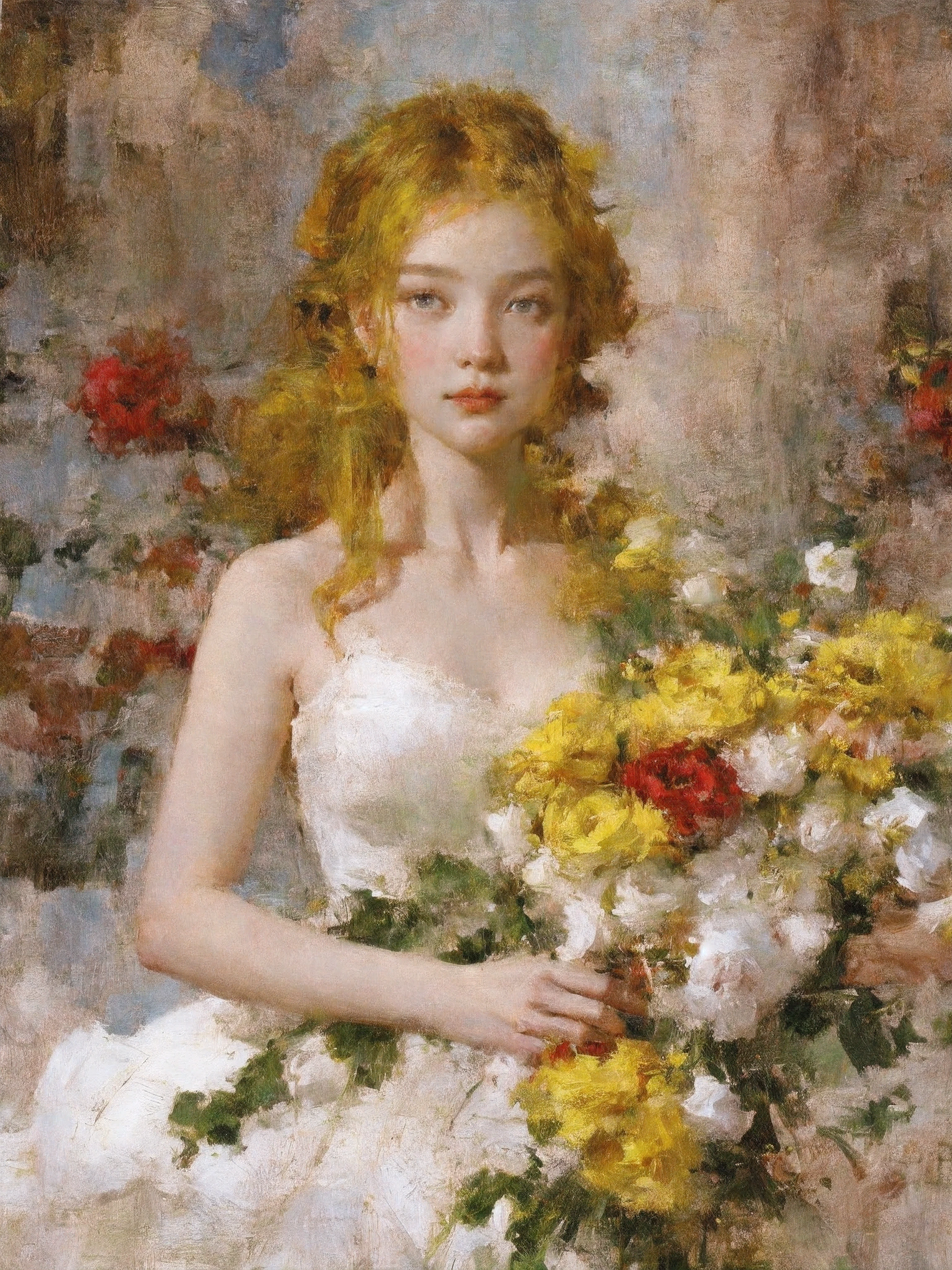 Retrato,1 chica,,alone,vestido blanco,sosteniendo ramo de flores,cabello muy largo,cártamo,Cabello amarillo,Rosa roja,