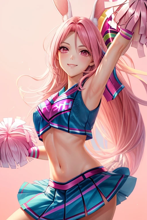 master piece, highest quality, High resolution, super detailed, 1 girl, early , ((Pink hair and pink eyes)), (Cheerleader:1.5), (pom pom:0.8), I'm rooting for you,  jump, Fluffy rabbit ears,   (best smile), Angle of looking up