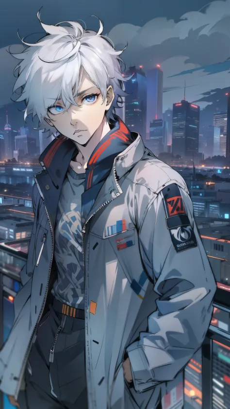 masterpiece, young male, white hair, short hair, messy spikey hair, silver eyes, casual clothing, deep blue tech jacket, black p...