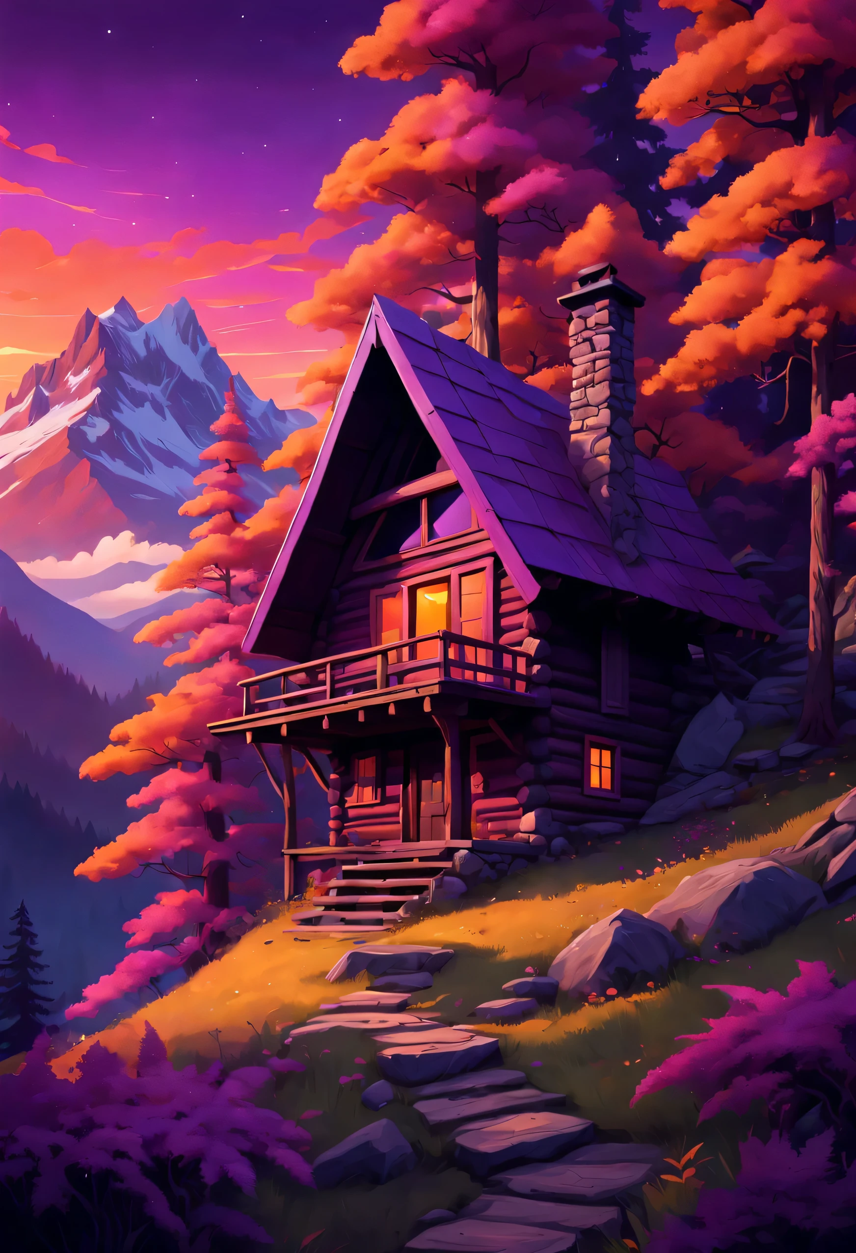 Mysterious mountain cabin nestled amongst dense, psychedelic forests, with a breathtaking sunset sky casting vibrant, warm hues of purple, pink and orange, creating an atmosphere of curiosity and intrigue.