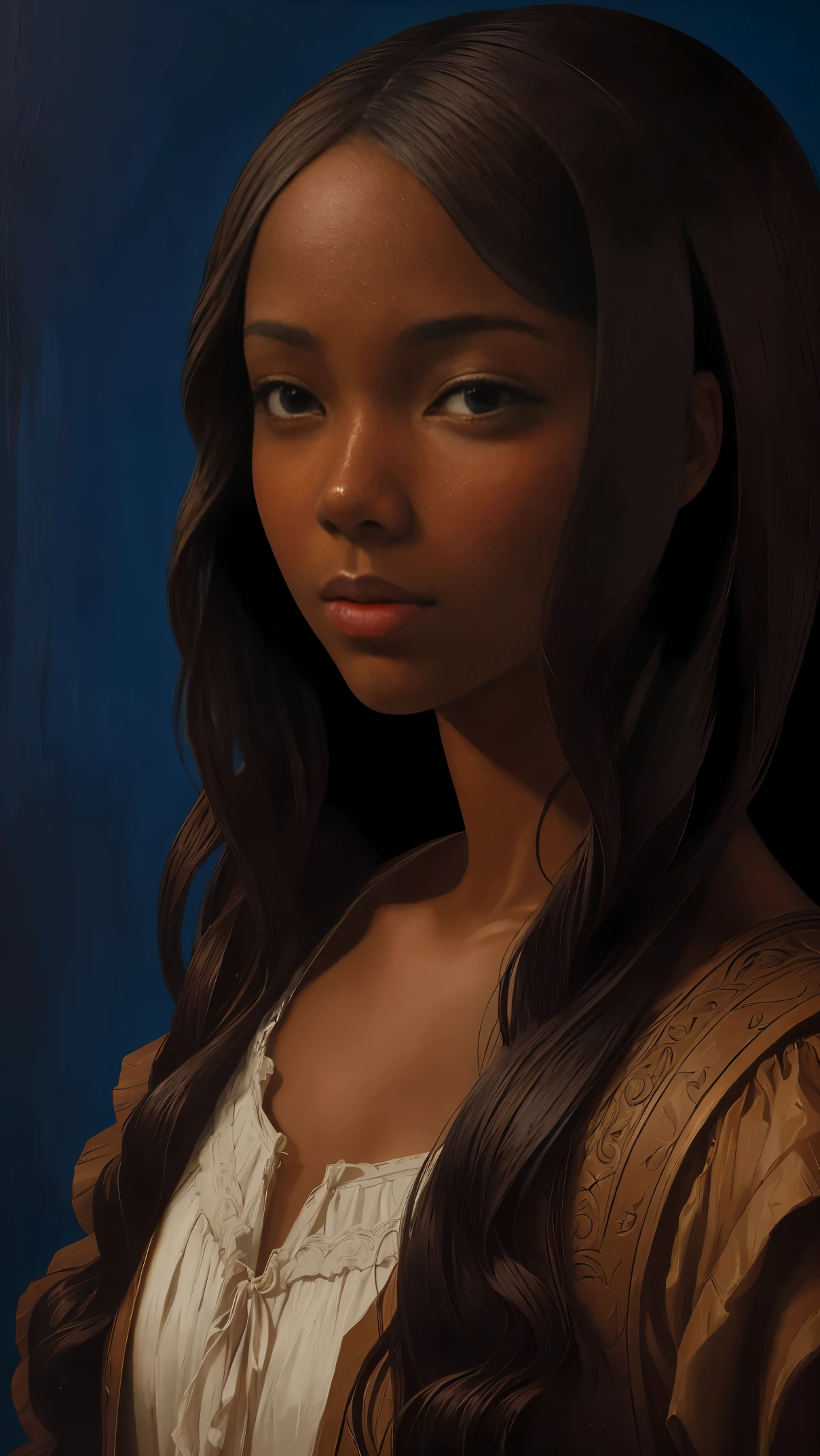 pintura a óleo de Leonardo da Vinci, Retrato realista, close do rosto de Gabrielle Union com pele escura, nariz de ébano, cabelo longo, seus olhos são doces e vibrantes, seu rosto simétrico, pele morena de café rico, luminosidade suavemente iluminada no rosto por REMBRADT, posição sentada, Ilustração Adobe, tendências no ArtStation, 8K, alta definição, cinematic, obra de arte, arte magnífica, melhor qualidade, romantismo período renascentista, óleo sobre tela, fundo azul rico, Acabamento fosco 