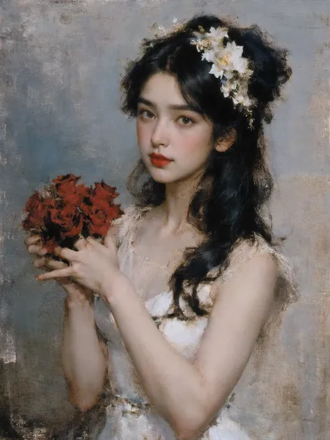portrait,1 girl,12 years old,alone,white dress,holding flower bouquet,very long hair,blue flower,black hair,Red rose,gradient ba...