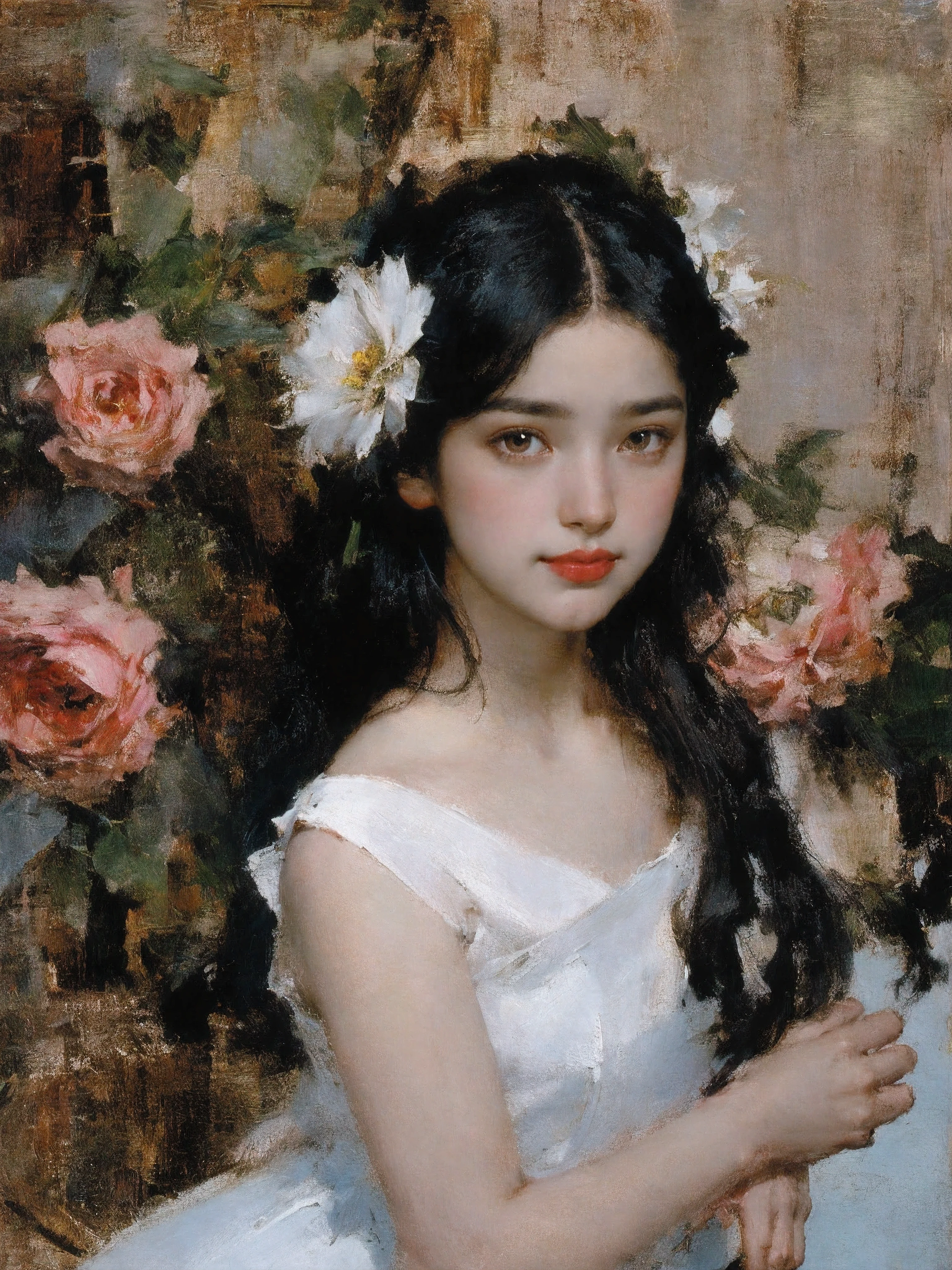 肖像画,女の子1人,12歳,一人で,白いドレス,花束を持っている,非常に長い髪,青い花,黒髪,赤いバラ,グラデーション背景, 暗い背景, 