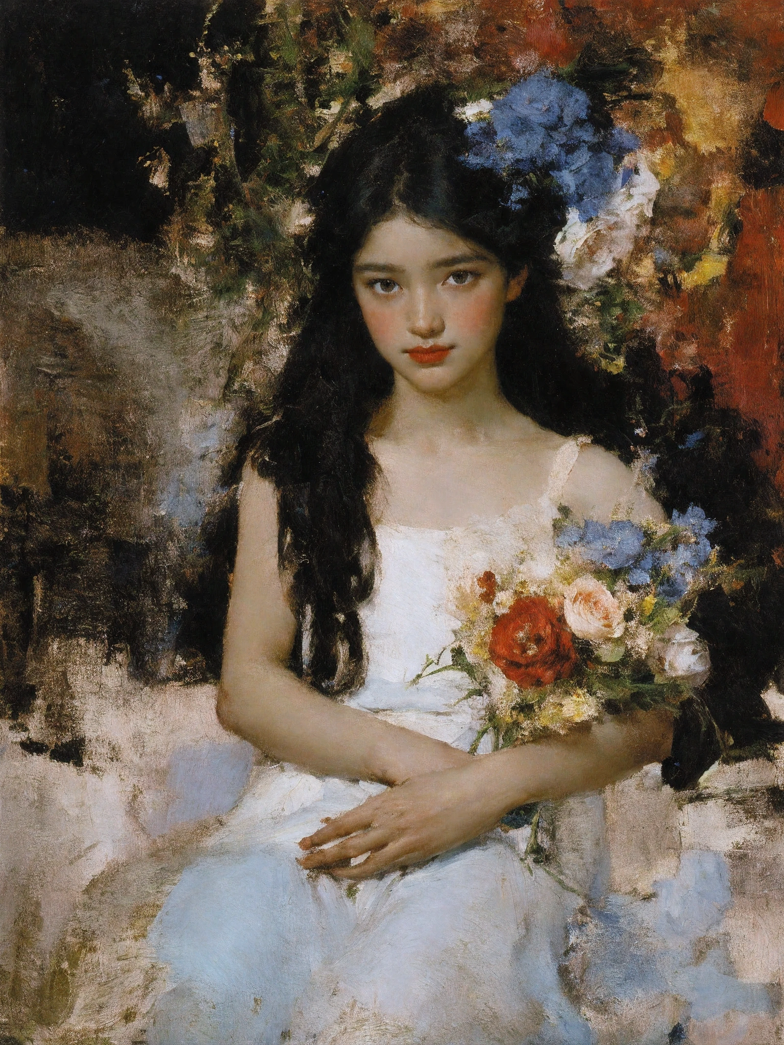 肖像画,女の子1人,12歳,一人で,白いドレス,花束を持っている,非常に長い髪,青い花,黒髪,赤いバラ,グラデーション背景, 暗い背景, 染色,絵画,生地
