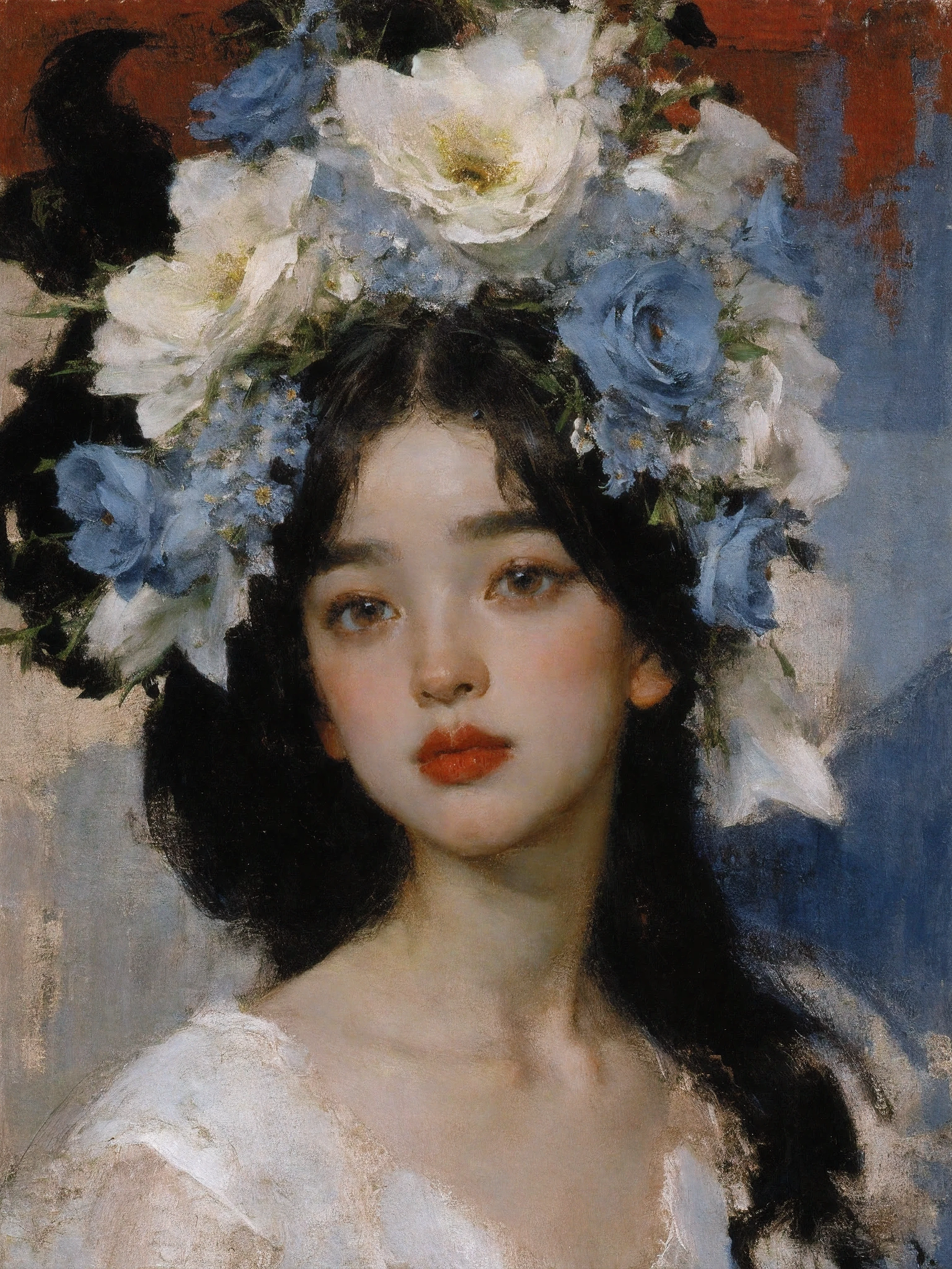 肖像画,女の子1人,12歳,一人で,白いドレス,花束を持っている,非常に長い髪,青い花,黒髪,赤いバラ,グラデーション背景, 暗い背景, 絵画