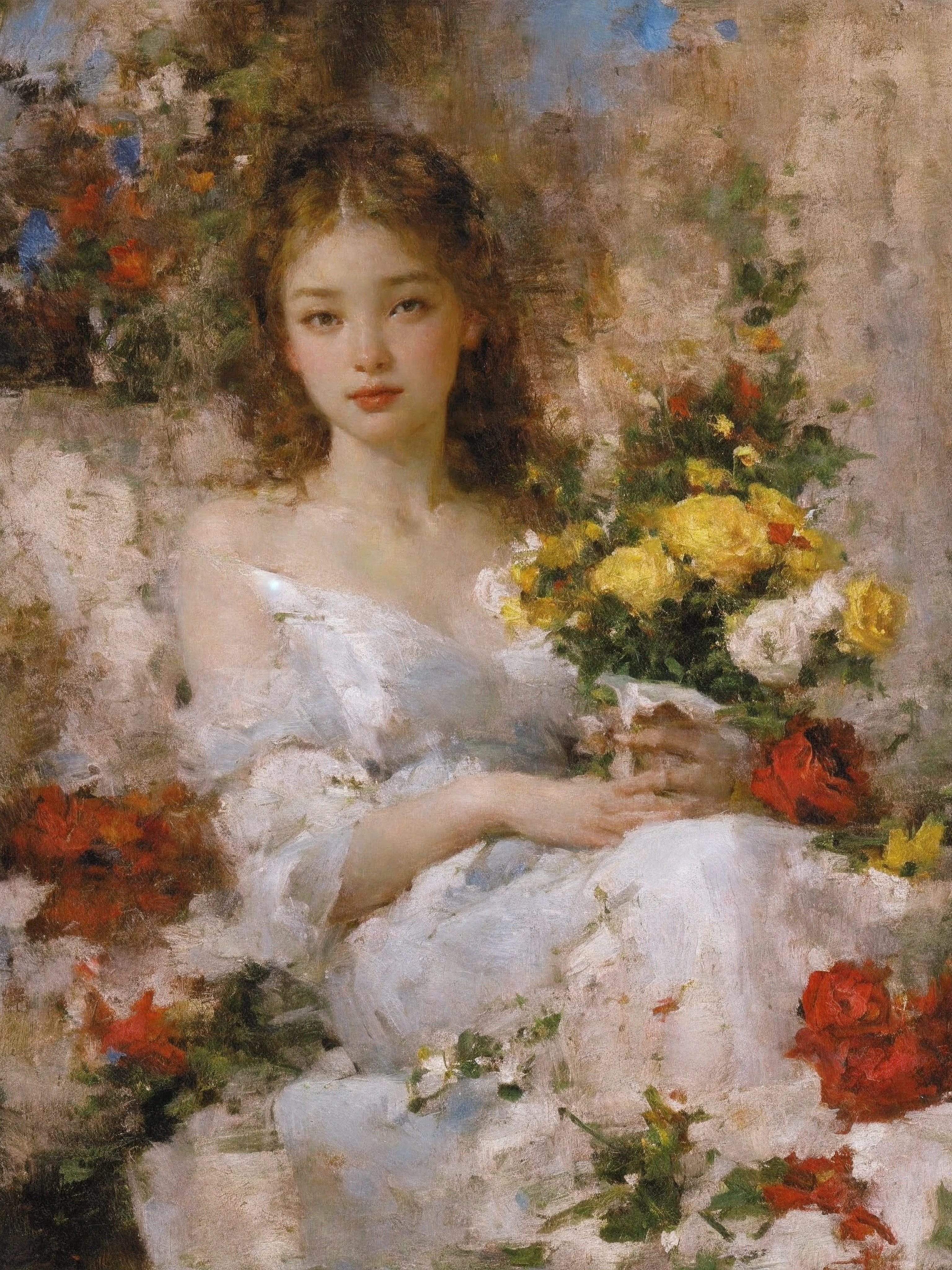 肖像画,女の子1人,12歳,一人で,白いドレス,花束を持っている,非常に長い髪,紅花,黄色い髪,赤いバラ,絵画