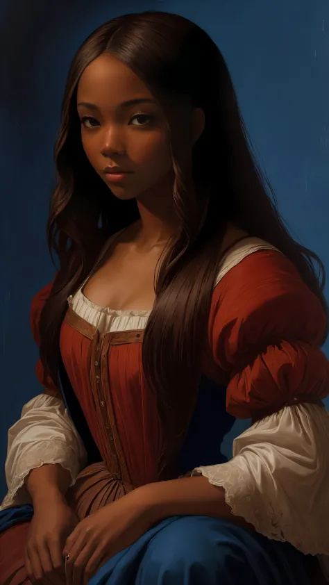 oil painting by Leonardo da Vinci, realistic portrait, closeup face of Gabrielle Union with dark skin, ebony nose, long hair, he...