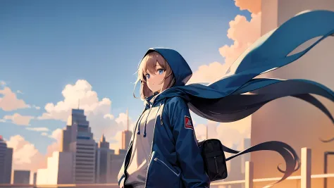 1 girl, He wore a light blue hood with a hood.., Put short.., Standing on a tall building, high resolution