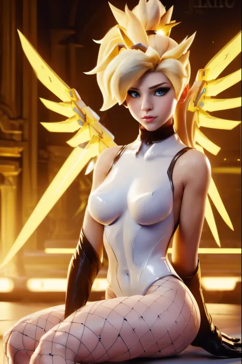((Mercy, blonde hair, hair in ponytail, 1girl, solo, mercy (overwatch), mechanical halo, large breasts, blue eyes, blonde hair, fishnet stockings, mechanical wings, wings, halo, cowboy shot, yellow wings, lips, gloves, long black gloves, sitting in casino)...
