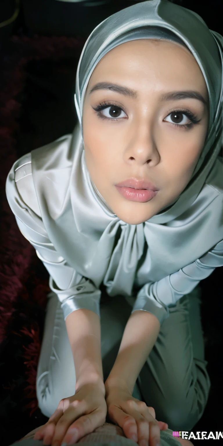 1 matured malay girl in hijab wear wet  green satin bra and panties kneeling, nighttime, neon city lights, upper body, close-up, seducing, big sagging breast, cum on face, (8k, RAW photo, best quality, masterpiece:1.2),(realistic, photo-realistic:1.37),