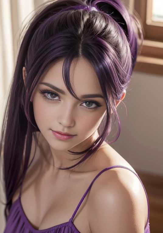 (Masterpiece, The best quality, fotorrealist, High Resolutions, Cinematographer, :1.3), Photo of the lower part of the body, sharp focus, 1 Caucasian girl , american girl , 15 years , beautiful model, diaphragm, Highly detailed purple eyes and pupils, Piel realist, Slim body shape, extremely detailed hair, They are smiling, sexy , ((realist, super-realistic, realism, Detalles realists)) twilight Sparkle , mlp , cute makeup, Red lips , reading glasses ,Red lips , long purple hair with pink highlights , pony tail , whole body , posing sexy , smiling for the viewer , cute two piece dress , bata de laboratory , writing table , twiligth sparkle , laboratory