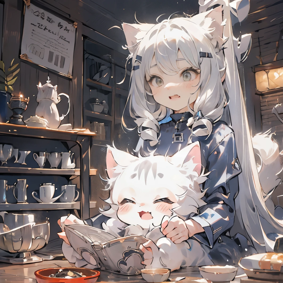 perfect picture,,silver haired cat,silver hair theme,A room full of cats,{acrobatic cat}{cute}{humiliating},{},12 year old girl,4K quality, cinematic,,{child},{small body and chest,,,,,,}, blonde,cute, Sweat