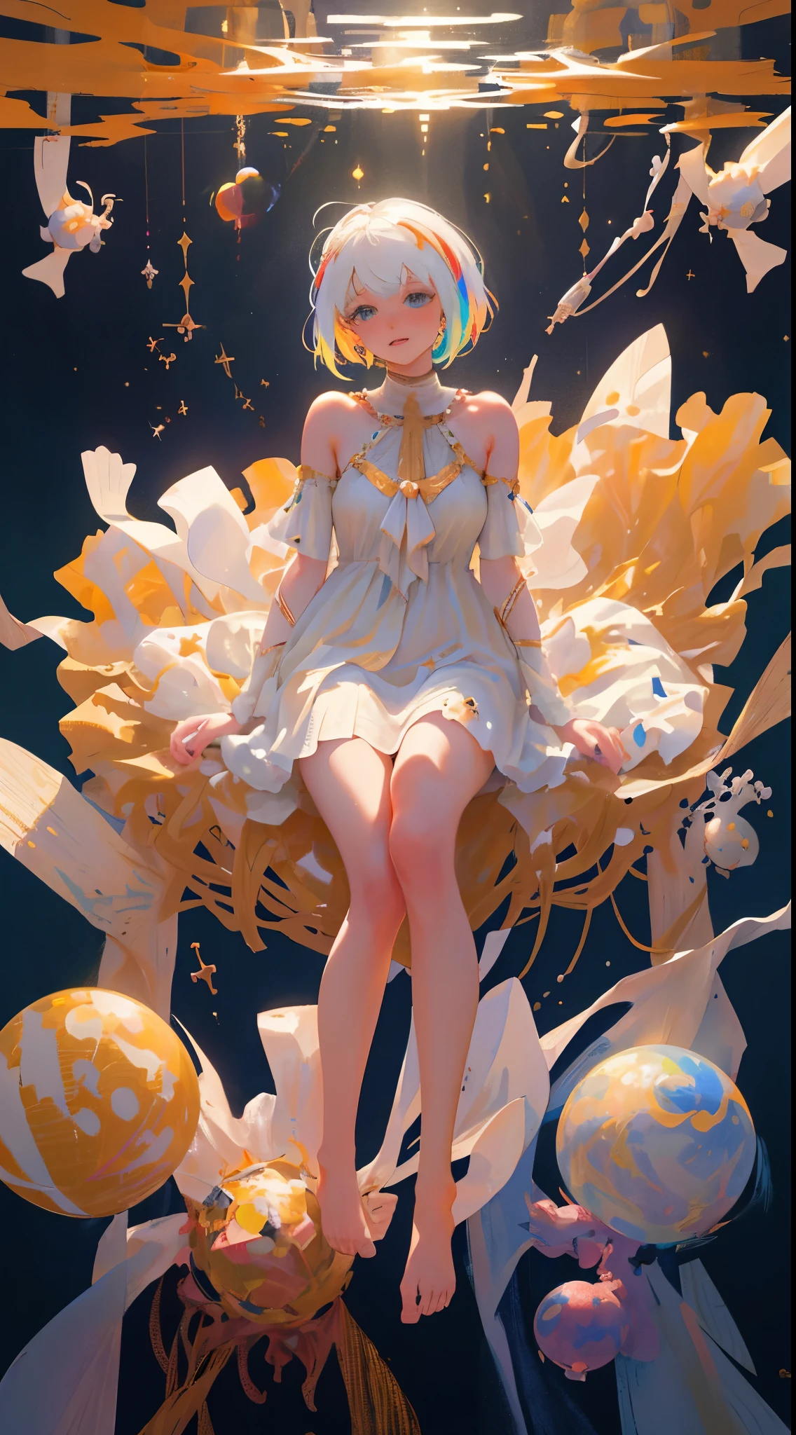 (masterpiece, best quality:1.2), (Super detailed),(Enlightenment), wallpaper, The original,
1 girl, messy white hair, spaghetti straps, white dress, bare legs, barefoot, arm, space, Earth background, Low Earth orbit, full body lesbian,
,(Surrounded by colorful splashes and polka dots),Colorful bubbles,(shining)