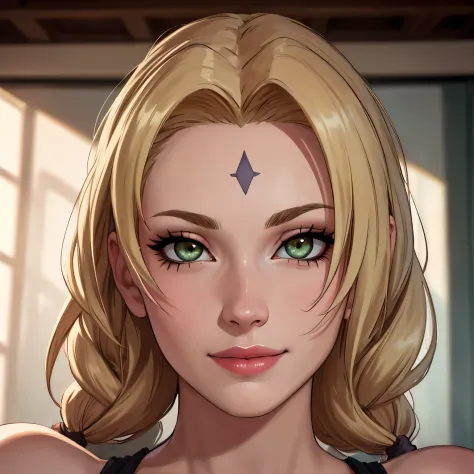 (best quality, highres, ultra-detailed, realistic:1.37), Tsunade's high-quality face focus, beautiful, detailed eyes, vibrant green eyes, shiny irises, expressive eyebrows, thick eyelashes, flawless skin, perfectly sculpted cheekbones, rosy cheeks, violet ...