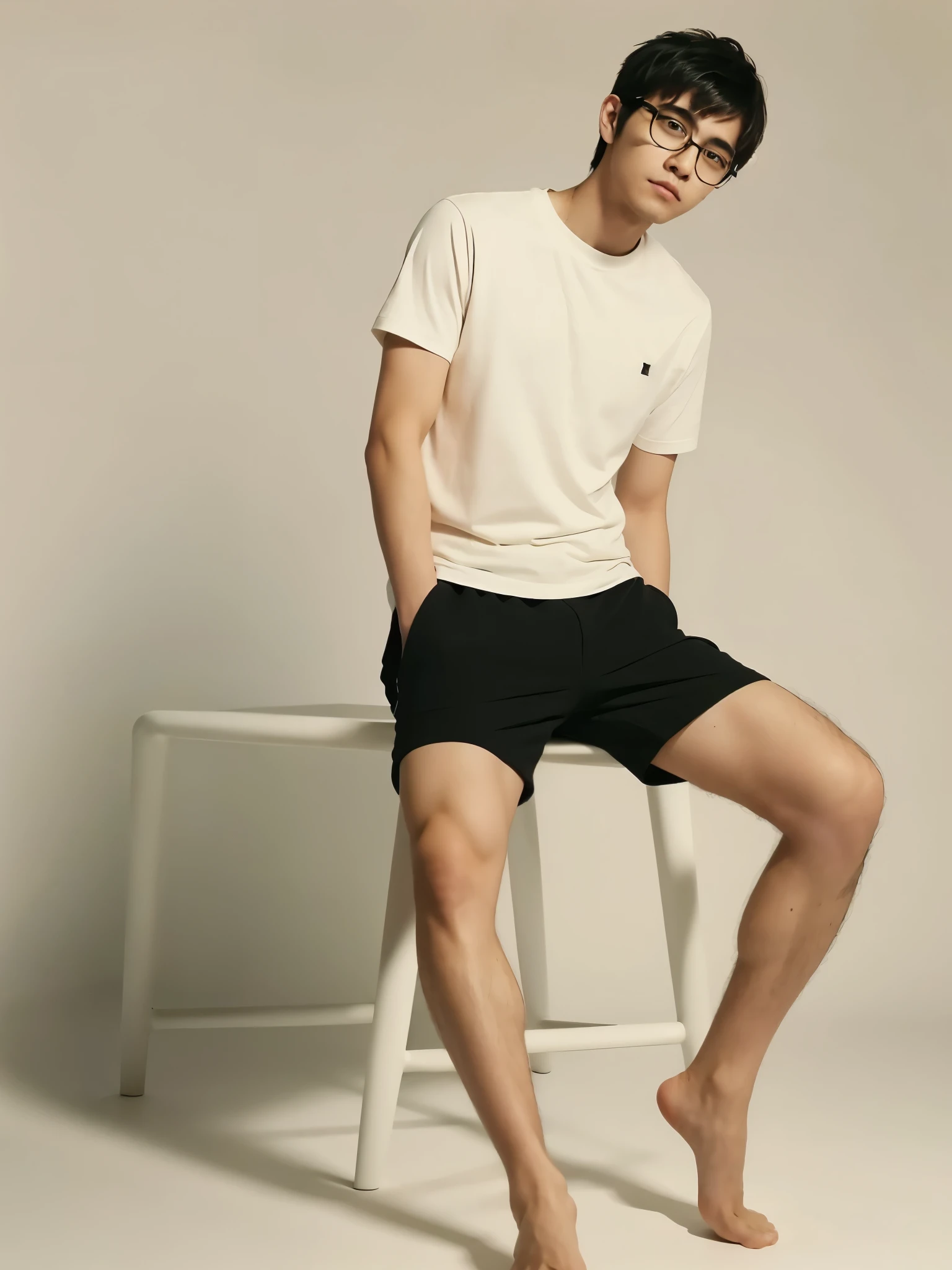 A man sitting on a stool wearing a white shirt and black shorts - SeaArt AI