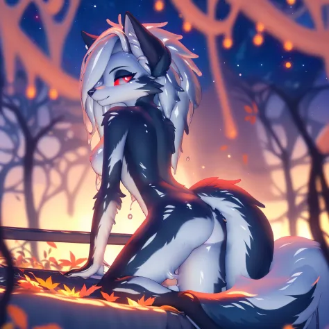 uploaded on e621, ((by Hioshiru, by Fumiko, by Ricegnat)),
solo female ((husky loona \(helluva boss\))) with ((white hair)) and (large fluffy tail) and ((clear red eyes)),
(medium breasts), (nude:1.3), ((detailed fluffy fur)),
(half-length portrait, three-...