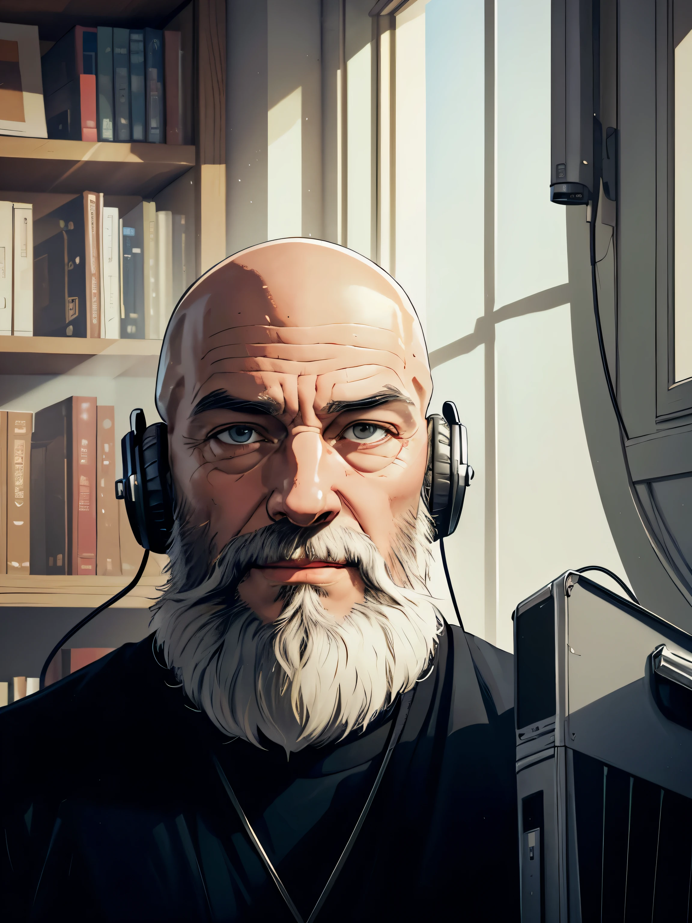 (a bald man with a gray beard, in a podcast studio),illustration,oil painting,detailed background,highres,ultra-detailed,realistic,studio lighting,professional,vivid colors,portrait,neutral color tone,warm lighting,headphones on,recording equipment,notebook,coffee cup,podcast logo,happy expression,beard details,vintage microphone,desk with computer,bookshelves with books,walls with soundproofing foam,sunlight coming through the window,shadow and light play