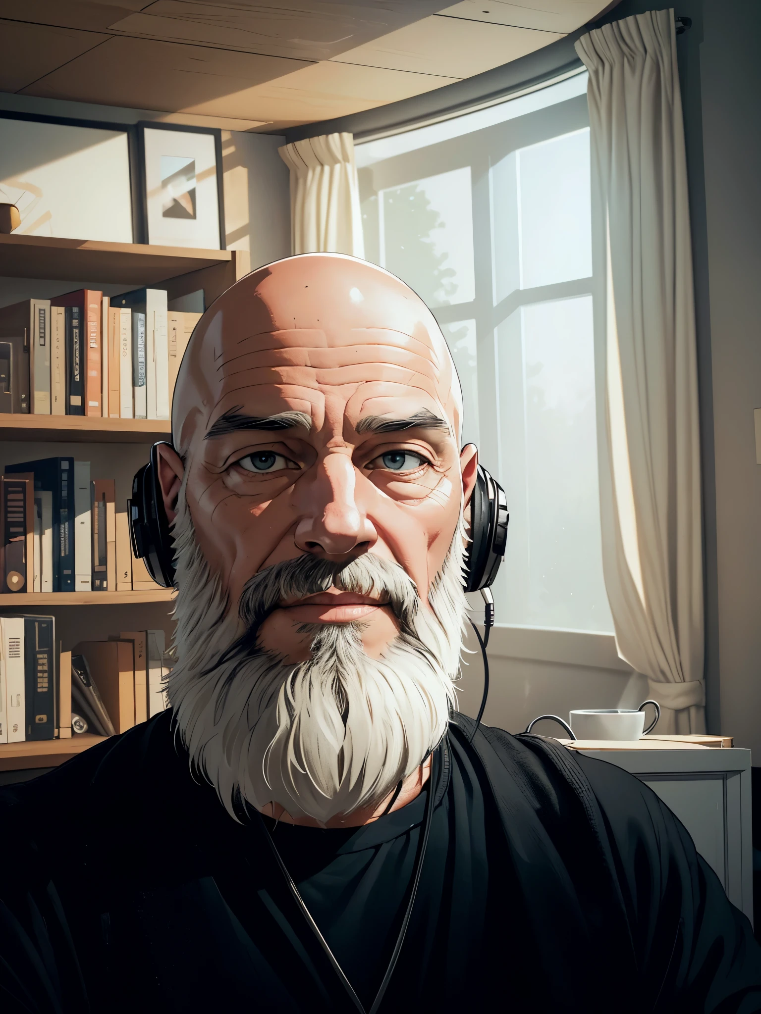 (a bald man with a gray beard, in a podcast studio),illustration,oil painting,detailed background,highres,ultra-detailed,realistic,studio lighting,professional,vivid colors,portrait,neutral color tone,warm lighting,headphones on,recording equipment,notebook,coffee cup,podcast logo,happy expression,beard details,vintage microphone,desk with computer,bookshelves with books,walls with soundproofing foam,sunlight coming through the window,shadow and light play