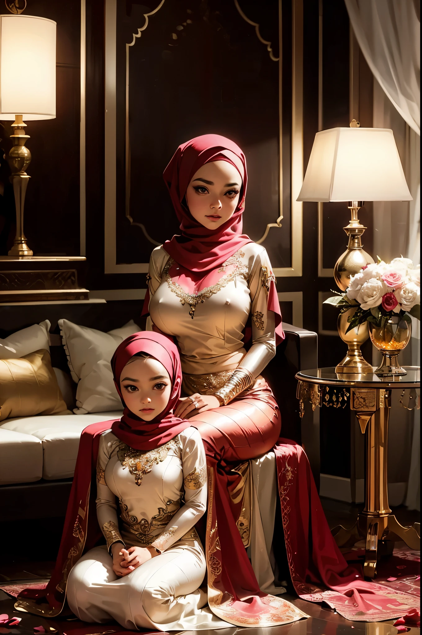 (beautifull indonesian and her younger sister with gigantic breast, wear detail luxury hijab), (detail kebaya), (elegant pose), (inside wedding hall), (luxury lamp), (luxury table), detail house background, detail luxury floor, detail flower vase, detail luxury table, detail luxury stair, detail luxury lamp, beautifull face, pretty face, beautifull eyes, beautifull nose, sexy lips, polished nails, raytracing, nsfw, beautifull fingers, beautifull hands, (nipples), (4 fingers in 1 hand), white skin, full body picture, pretty makeup, blush, masterpiece, best quality:1.2),(8k,highres,RAW photo,realistic,photo-realistic:1.3),(detailed skin texture,detailed cloth texture,beautiful detailed face:1.25),professional lighting,photon mapping,beautiful soft light,radiosity,physically-based rendering,model shoot style, model shoot style, (extremely detailed CG unity 8k wallpaper), full shot body photo of the most beautiful artwork in the world, complex 3d render ultra detailed, looking at viewer, 18 yo, real human skin, vibrant details, hyperrealistic, beautiful, octane render, an extremely delicate and beautiful, extremely detailed ,CG ,unity ,wallpaper,Amazing, finely detail,official art,extreme detailed eyes, (perfect face), shiny skin, colorful, highest detailed, vibrant colors, ultra high res, (high contrast), intricate, lens flare