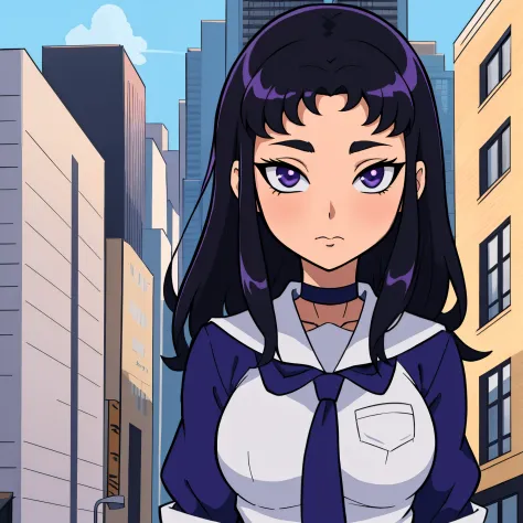 Blackfire,1 girl,solo,black hair,school uniform,upper body,city,building,choker,masterpiece, best quality,lookind at viewer,anime coloring,cell shading,cartoon style