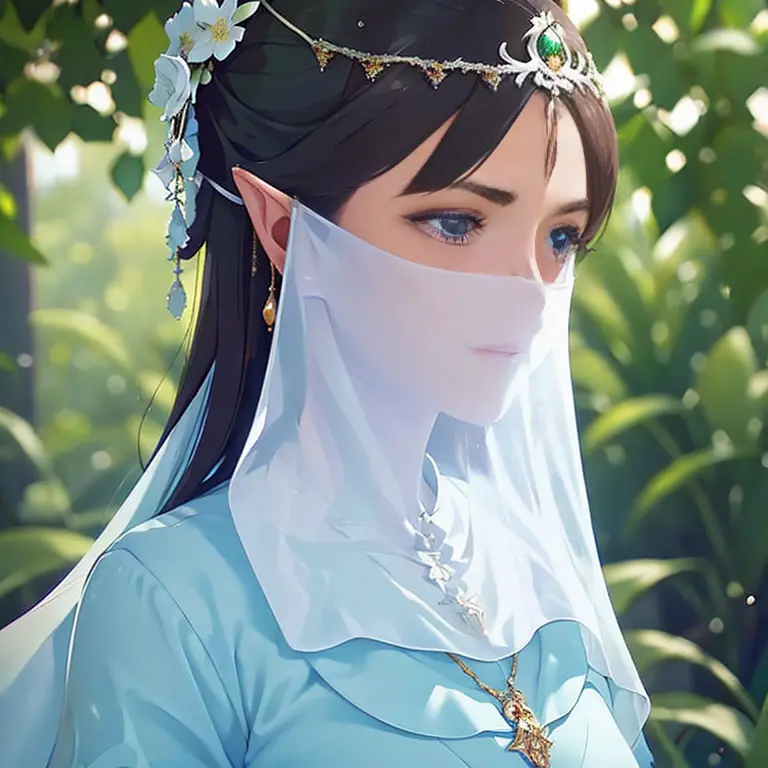 （（long ears）），Head close-up，Eyes are very delicate，Elf，Gorgeous green Hanfu，（（（hair accessories）））（（（veil））），necklace，（（（a garde...