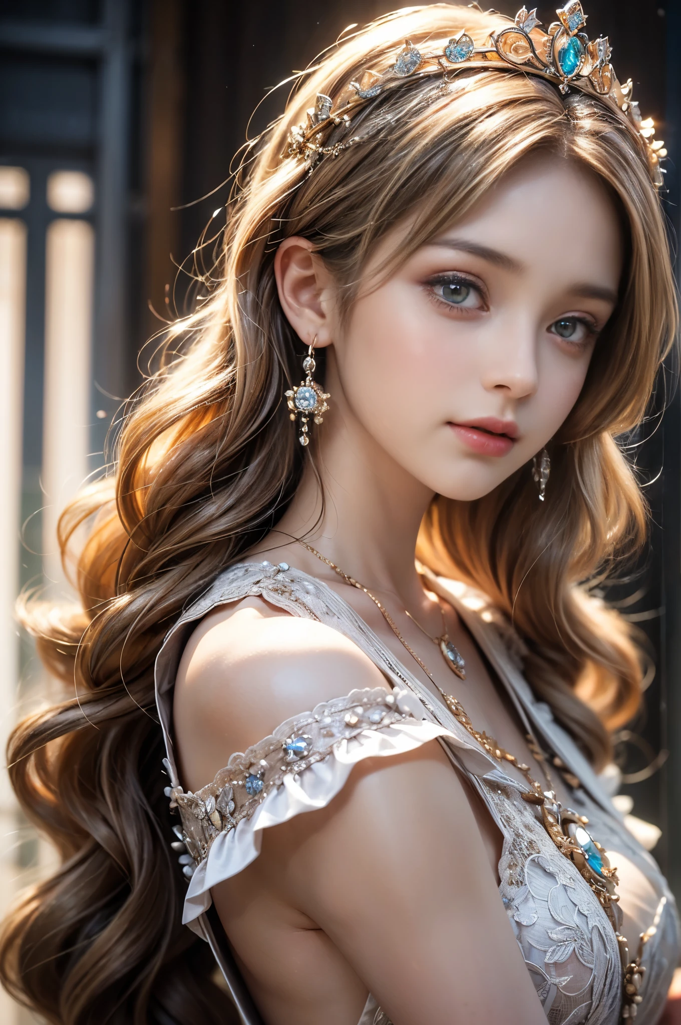 ((RAW shooting:1.5, realistic:1.5, 8K, highest quality, masterpiece, ultra high resolution)), Inside the luxurious British Royal Palace, professional camera work:1.3, Highly detailed skin and facial textures:1.3, glow light effect, Super detailed:1.3, cute 15 year old british princess, Fair skin, Glossy skin, (elegant:1.4, small face), Ultimate Cute Face:1.5, (cute eyes:0.9, looking far away), smile:1.0, (mouth is slightly open:0.4, Clean and refreshing taste:0.7), double eyelid, ((super long up blonde curly hair)), tiara, necklace and earrings, ((elegantで光沢のあるサテンのプリンセスドレスをオフショルダーで正しく着こなす方法)), big breasts, cowboy shot, ((sunrise, sunlight shining from behind:1.6, Strong sunlight spreads across the screen:1.6)), ((Strong sunlight shines on a woman:1.7))