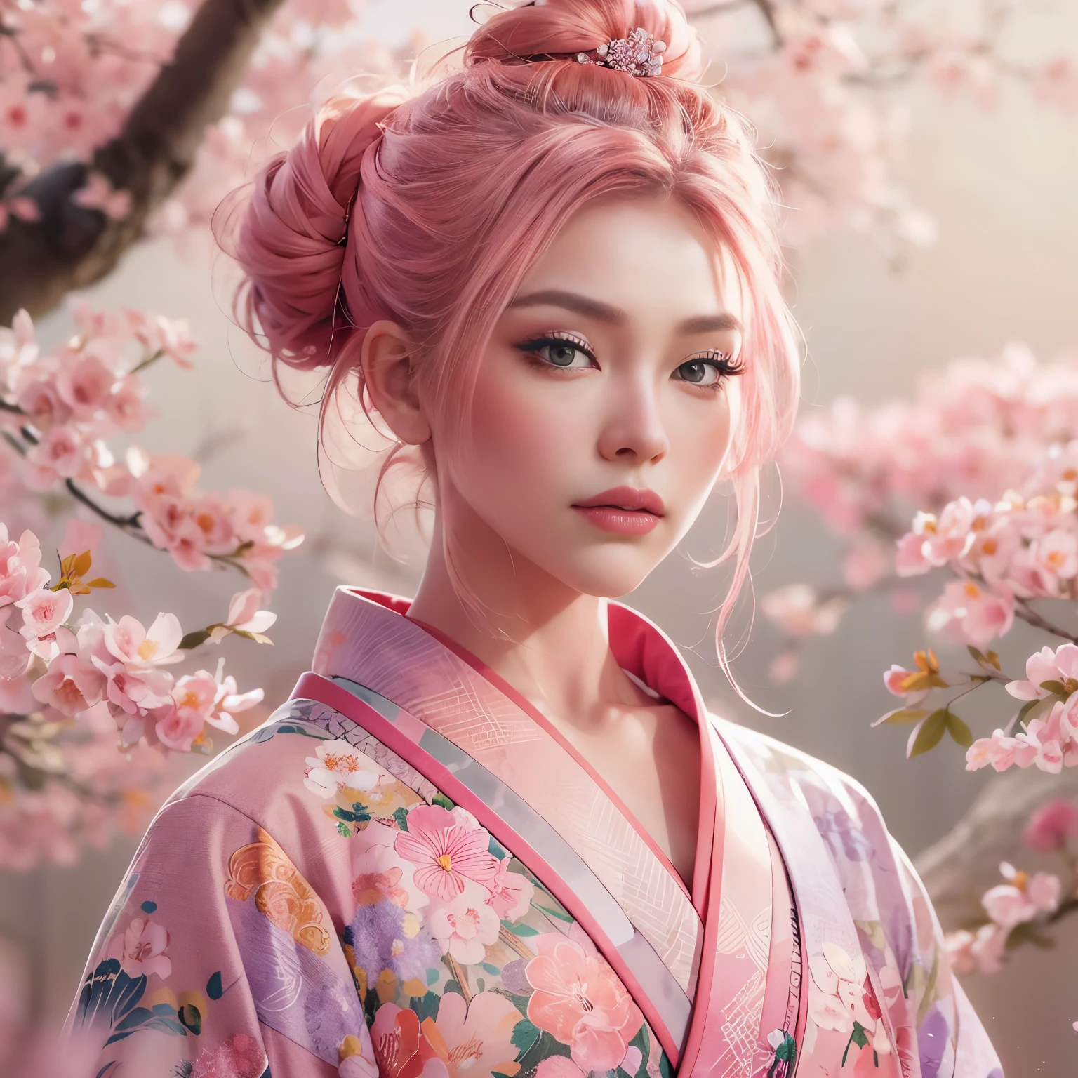 A hyper-realistic, highly detailed, and high-resolution 16k image of a young, beautiful female with engfa face. she has top bun pink hair and translucent skin, and  dressed in a traditional pink Japanese kimono with a small flower design. The image captures the ethereal beauty and mystique of the spirit world. The style  inspired by the delicate, soft aesthetic found in traditional Japanese art. The background was full of pink sakura tree.