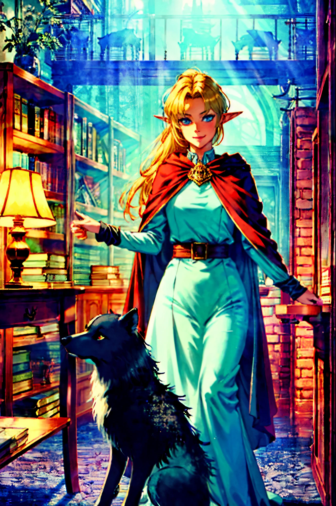 arafed a picture of elf vampire in her castle and her pet wolf, an exquisite beautiful female elf vampire (ultra details, Masterpiece, best quality), blond hair, pale skin, hair in a ponytail, long hair, blue eyes, cold eyes, smirking, wearing white dress (ultra details, Masterpiece, best quality), red cloak, in dark fantasy library, with an big grey wolf  (ultra details, Masterpiece, best quality) book shelves, arafed high details, best quality, 8k, [ultra detailed], masterpiece, best quality, (ultra detailed), full body, ultra wide shot, photorealism, RAW, dark fantasy art, gothic art,