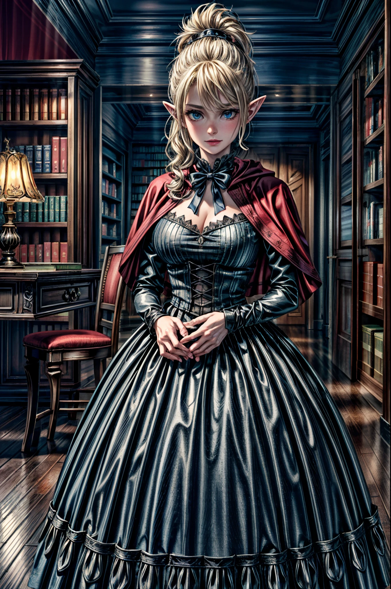 arafed a picture of elf vampire in her castle and her pet wolf, an exquisite beautiful female elf vampire (ultra details, Masterpiece, best quality), blond hair, pale skin, hair in a ponytail, long hair, blue eyes, cold eyes, smirking, wearing white dress (ultra details, Masterpiece, best quality), red cloak, in dark fantasy library, with an big grey wolf  (ultra details, Masterpiece, best quality) book shelves, arafed high details, best quality, 8k, [ultra detailed], masterpiece, best quality, (ultra detailed), full body, ultra wide shot, photorealism, RAW, dark fantasy art, gothic art,