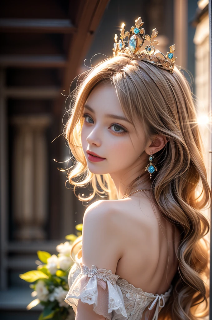 ((RAW shooting:1.5, realistic:1.5, 8K, highest quality, masterpiece, ultra high resolution)), Inside the luxurious British Royal Palace, professional camera work:1.3, Highly detailed skin and facial textures:1.3, glow light effect, Super detailed:1.3, cute 15 year old british princess, Fair skin, Glossy skin, (elegant:1.4, small face), Ultimate Cute Face:1.5, (cute eyes:0.9, looking far away), smile:1.0, (mouth is slightly open:0.4, Clean and refreshing taste:0.7), double eyelid, ((super long up blonde curly hair)), tiara, necklace and earrings, ((elegantで光沢のあるサテンのプリンセスドレスをオフショルダーで正しく着こなす方法)), big breasts, cowboy shot, ((sunrise, sunlight shining from behind:1.6, Strong sunlight spreads across the screen:1.6)), ((Strong sunlight shines on a woman:1.7))