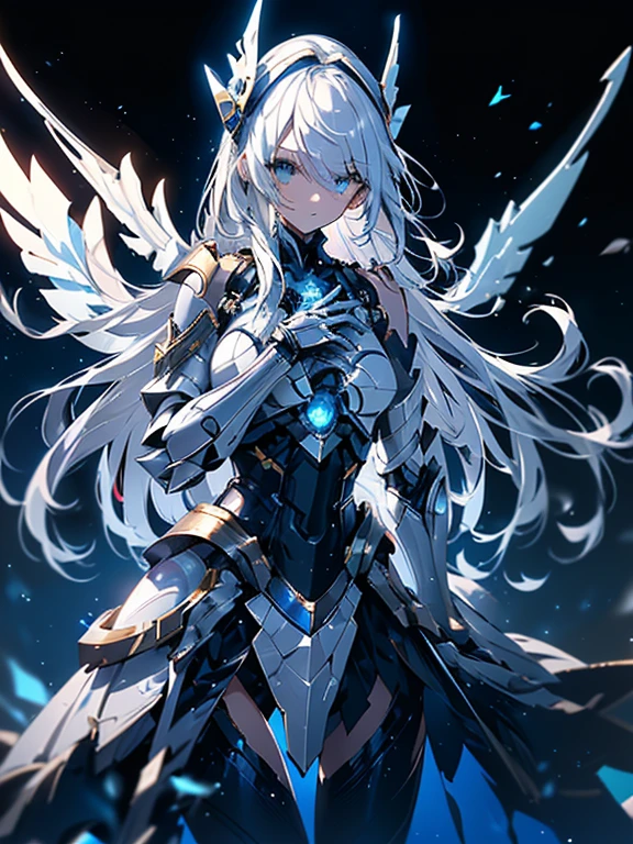 highest quality, masterpiece, small details, ultra precision, very delicate 8k wallpaper, robot girl, (blue long hair), (White mechanical armor), (green eyes and sharp headgear), (mechanical wings attached to shoulders), The glowing core in the middle of the chest, (mechanically articulated fingers, 4 fingers and 1 thumb),(((look at camera)))