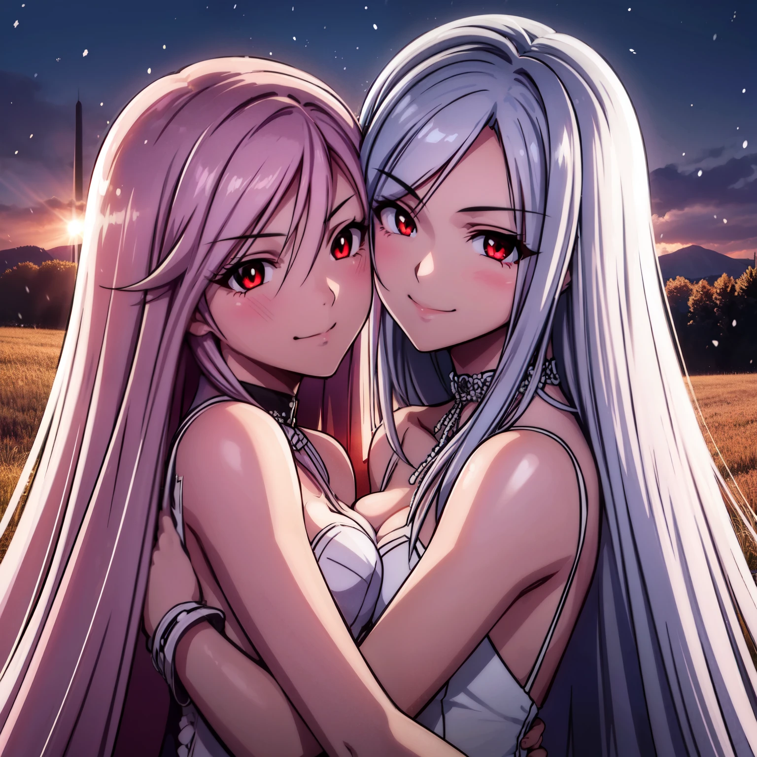 ((two Girl)), 32 years old, The girl on the left has long silver hair and red eyes with slit pupils, The girl on the left wear a Wedding Dresses, The girl on the right has long pink hair and bright green eyes with slit pupils, The girl on the left wear a Wedding Dresses, facing another, hugging each other, The two girls looked each other in the eyes, cropped torso upper body, (light_Smile:1.5), ((Meadow with a view of a small church)), ((snowstorm of flowers)), light ray, The sky is beautiful,