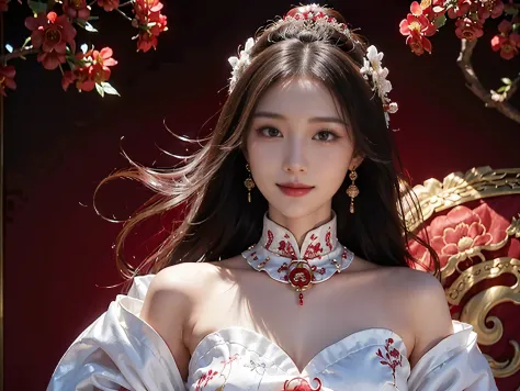 A beautyful girl，long whitr hair，(Wear a beautiful red Chinese wedding dress)，Chinese stand collar，fine embroidery，(A delicate c...