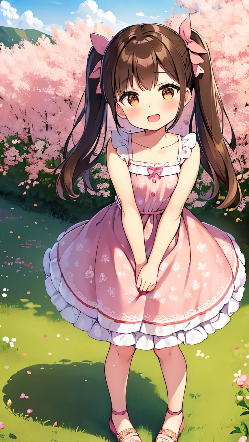 1girl, brown hair, brown eyes, blush, , frilled dress, frills, pink dress, sleeveless, sleeveless dress, bare shoulders, blush, dress, print dress, floral print, hair ribbon, pink ribbon, twintails, sandals, pink footwear, open mouth, smile, solo, looking at viewer, standing, day, field, flower, flower field, outdoors