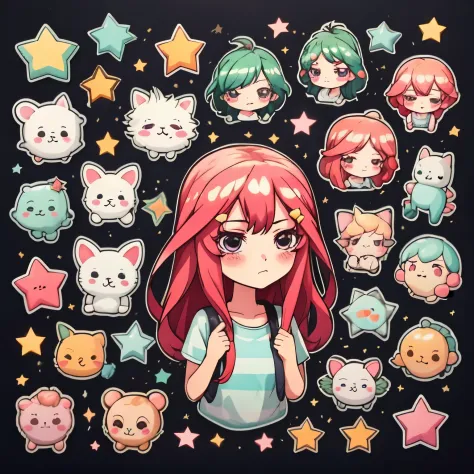 Multiple stickers, 1 girl, solo, sticker, (cute) , stars, white background, no background,  background, minimal, cute, tiny, pastel color, vector style, no gradient, simple stickers, itsuki nakano, itsuki nakano head, long red hair, fluffy hair, parkling b...