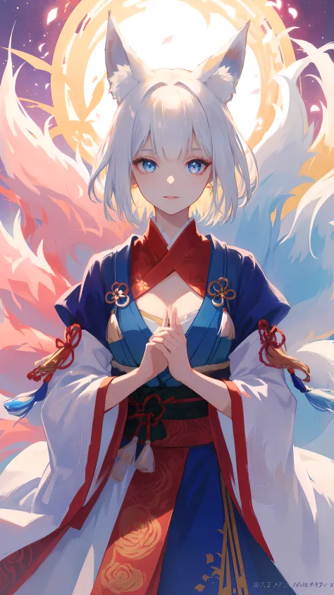 painting of a fox woman with white hair sitting on a branch，onmyoji detailed art，nine tails，a beautiful artwork illustration，myt...