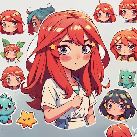 Multiple stickers, 1 girl, solo, sticker, (cute), white background, no background, background, minimal, cute, tiny, pastel color, vector style, no gradient, simple stickers, itsuki nakano, itsuki nakano head, long red hair, fluffy hair, parkling blue eyes,...