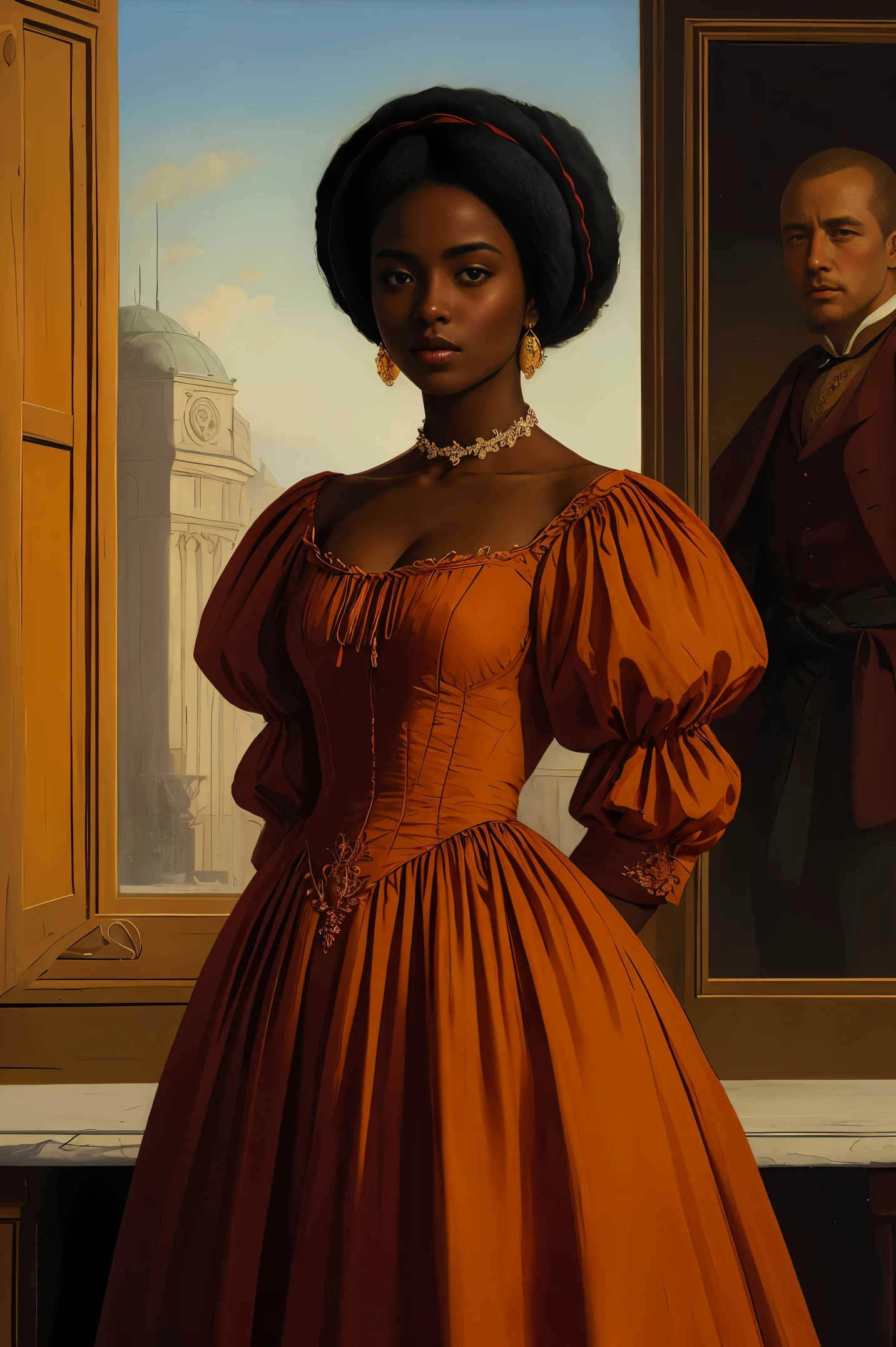 Schöne Frau mit dunkler Haut in einem orangefarbenen Kleid, Renaissance-Stil, inspiriert von Wassili Wereschtschagin