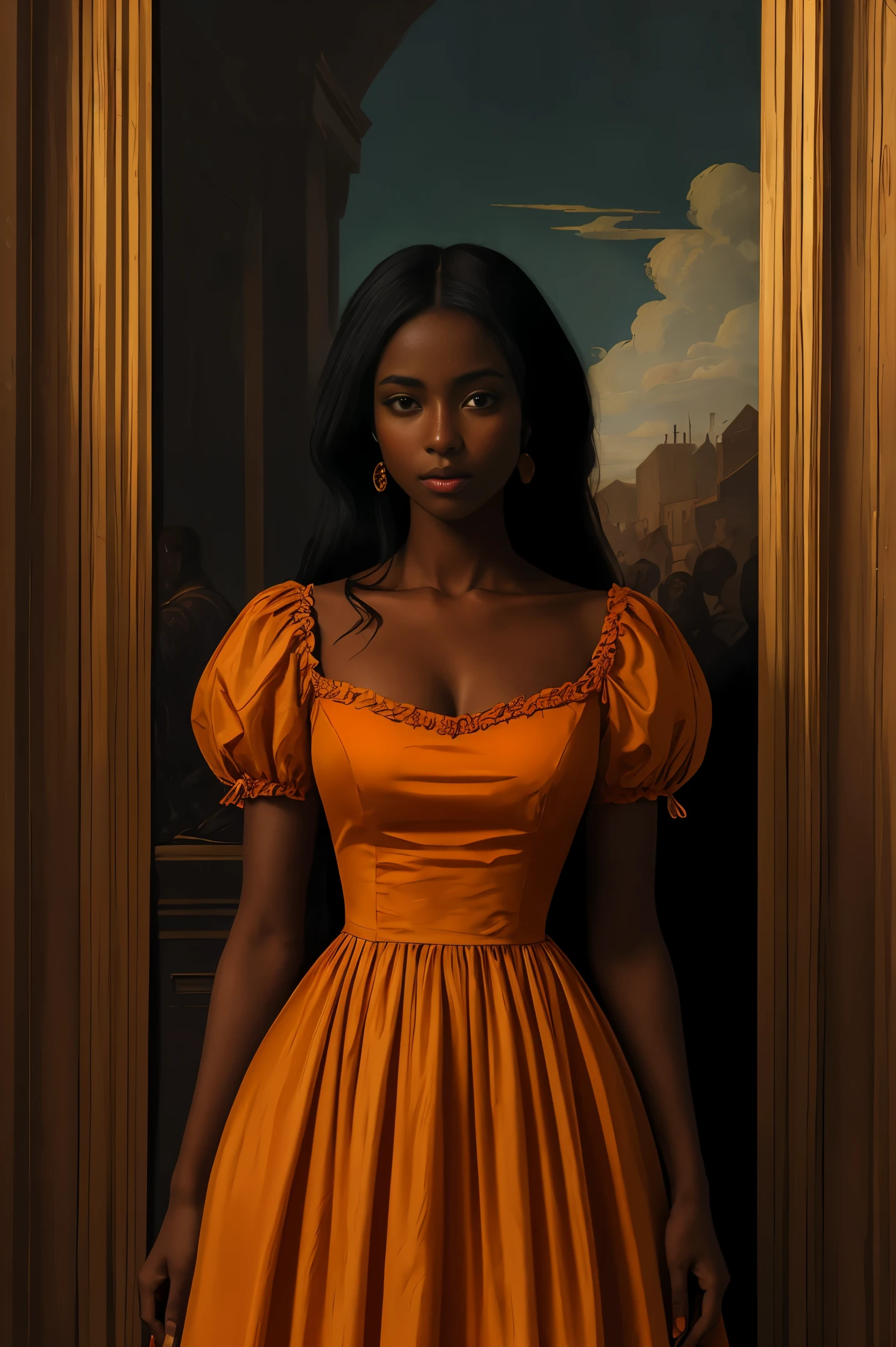 身穿橙色连衣裙的黝黑皮肤的漂亮女人, 文艺复兴风格, 灵感来自瓦西里·韦列夏金