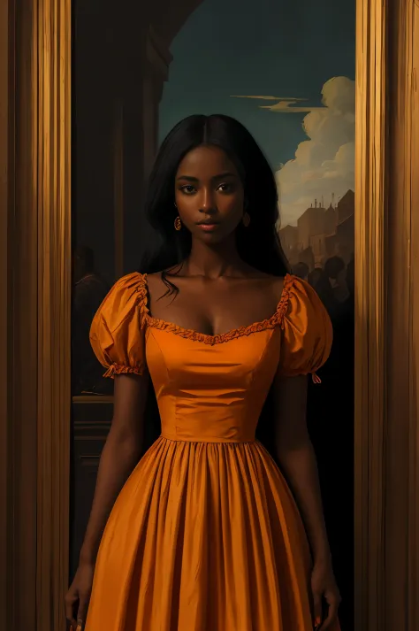 Beautiful woman with dark skin in a orange dress dress, Renaissance style, inspired by Vasily Vereshchagin