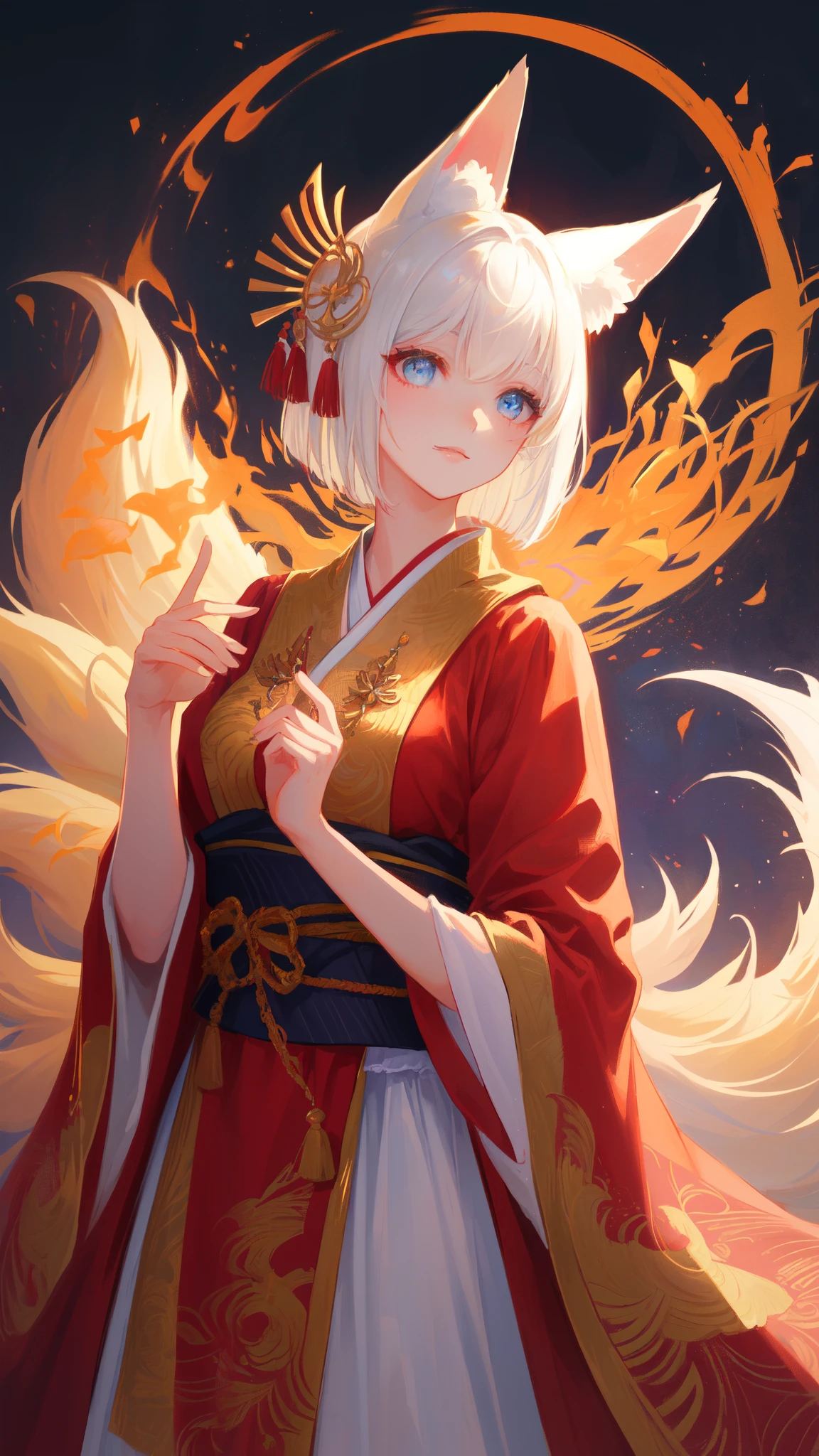 Painting of a fox woman with white hair sitting on a branch，Onmyoji detailed art，Nine Tails，a beautiful artwork illustration，mythological creatures，red fox，Beautiful digital artwork，Exquisite digital illustration，mizutsune , Inspired by the mythical creature wildnet，Digital art on Pixiv，strong lights，hight contrast，Horror movie theme，Dark atmosphere，Standing painting, BREAK,
highly detailed of (fox), (1girl), perfect face, details eye, Bob cut hair, Blunt bangs, (hair between eye), blonde white hair, fox ears, ethereal fox，nine tail fox，Fox three-tailed fox， blue eyes, eyelashes, eyeshadow, pink eyeshadow, light smile, design art by Artgerm, by Kawacy, By Yoshitaka Amano,
BREAK, 
((perfect anatomy)), nice body, medium breast, extremely detailed finger, best hands, perfect face, beautiful face, beautiful eyes, perfect eyes, perfect fingers, correct anatomy, 
BREAK, ((masterpiece )), (top quality), (best quality), ((ultra-detailed, 8k quality)), Aesthetics, Cinematic lighting, (detailed line art), Beautiful digital artwork, Exquisite digital illustration，painting, 