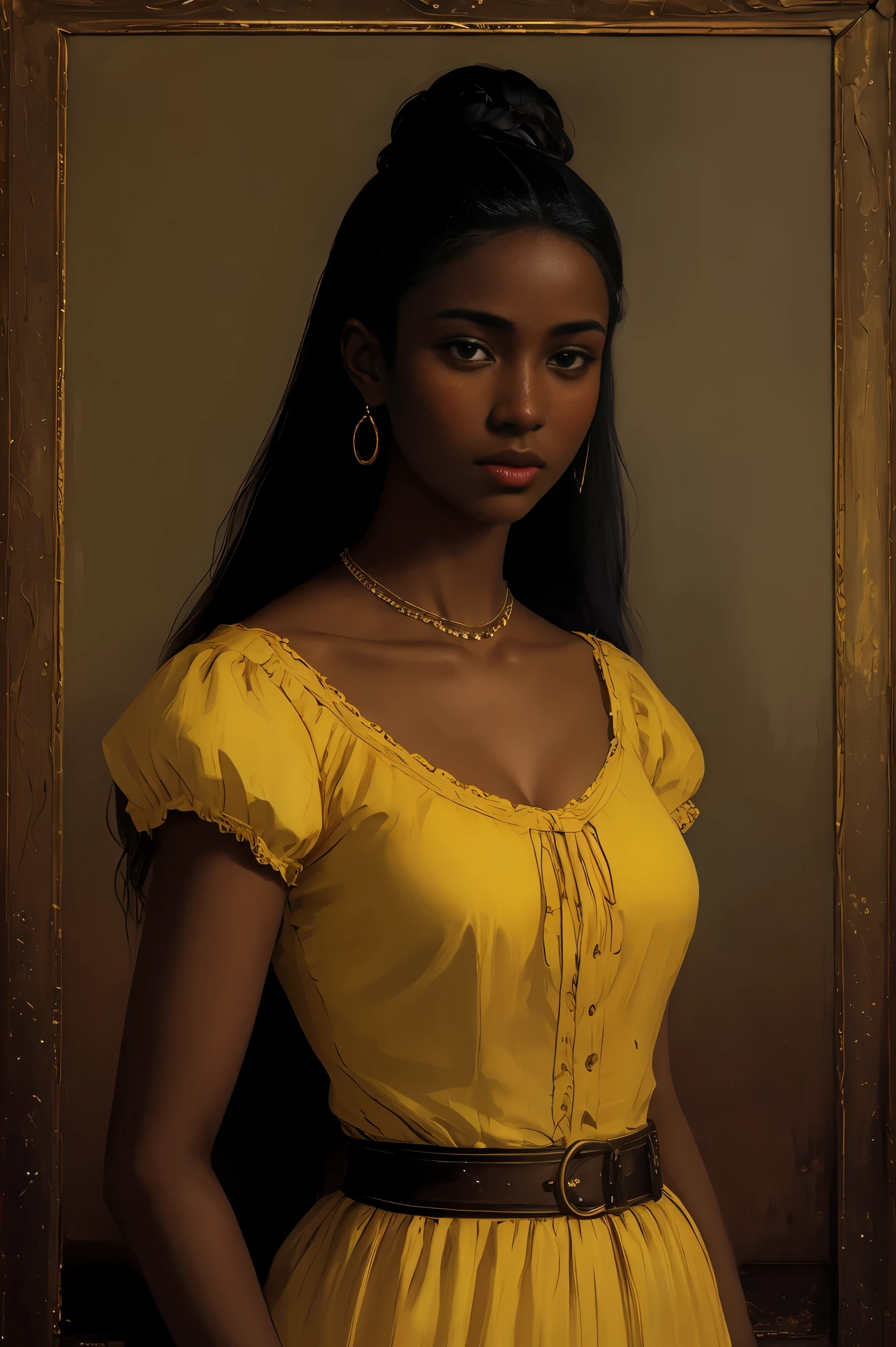 Beautiful woman with dark skin in a yellow dress, Renaissance style, inspired by Vasily Vereshchagin