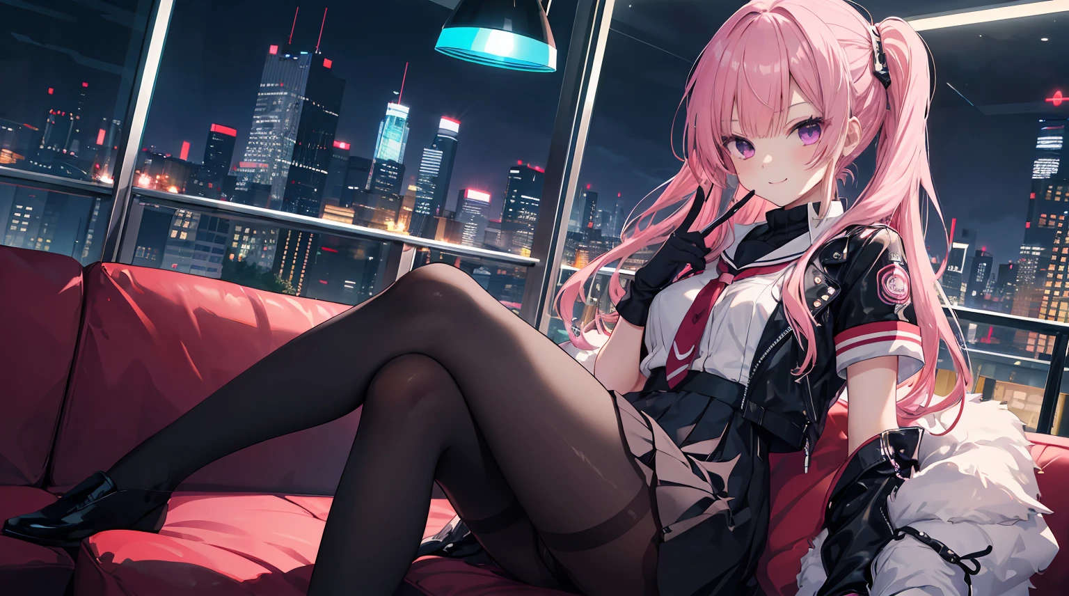 a girl，solo，Long pink hair，gentle，Smile，medium long hair，dishiveredhair，short sleevelack pantyhose,short sleeves游戏服，black skirt，black underwear，black stockinglack gloves，cyberpunk characters,night, night city background，digital punk, anime style 4k, Sitting on the sofa，indoors，In the restaurant，mitsukasa ayase、character-centered