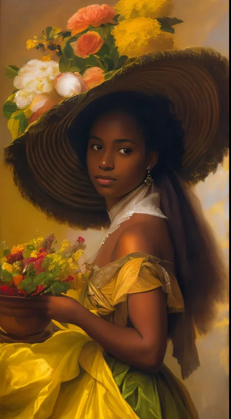 Pretty young woman with ebony skin in a yellow dressWearing a hat with flowers on it, A pretty young heiressinspired by Friedric...