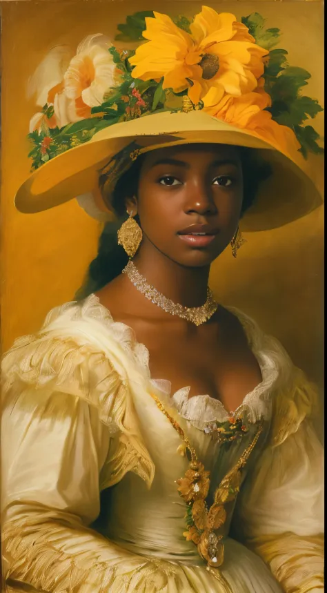 Pretty young woman with ebony skin in a yellow dress，Wearing a hat with flower arrangement, A young woman, inspired by Friedrich...