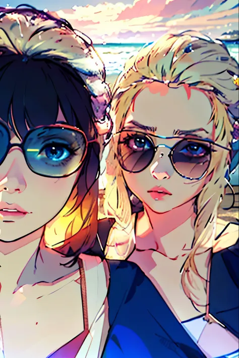 blond haired woman in blue bikini and sunglasses standing next to another woman, artwork in the style of guweiz, two beautiful anime girls, made with anime painter studio, guweiz, anime realism style, in the art style of bowater, realistic anime artstyle, ...